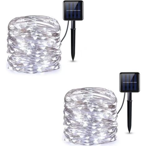 Solar-Lichterkette, 12 m, 100 LEDs, Solar-Lichterkette für den Außenbereich, 8 Modi, wasserdichter Kupferdraht für Schlafzimmer, Garten, Terrasse, Party, Weihnachtsdekoration (kaltweiß, 2er-Pack) (1/4)