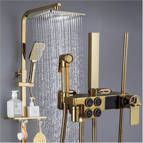 Ensemble de douche mitigeur thermostatique intelli Ensemble de douche numérique chaud et froid robinet système de douche de salle de bains robinet de douche en or noir pommeau de douche carré système (1/5)