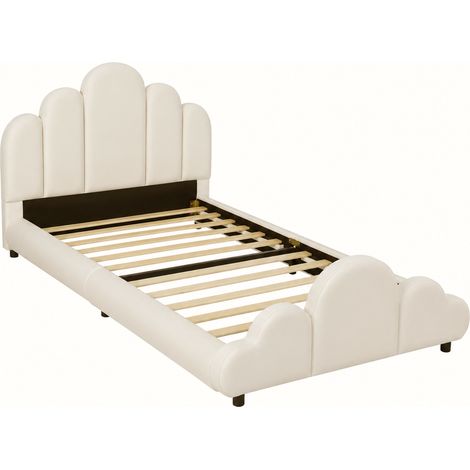 Cama infantil tapizada 90 x 200 cm de terciopelo beige con somier de láminas (1/5)