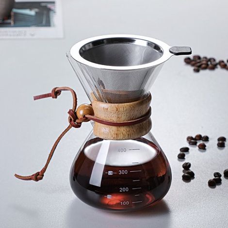 Caffettiera a filtro, 400 ml, caraffa in vetro borosilicato con filtro riutilizzabile in acciaio inox e manico antiscivolo in sughero, per la casa e (1/4)
