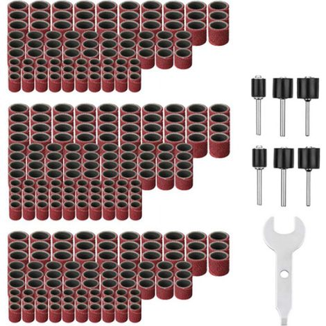 Ensemble de 307 pièces de ponceuse à tambour Kit de tambour de ponçage - Manchons de bande de ponçage 300 pièces (80 / 120 / 240 ) + Mandrins de tambour 6 pièces pour outil rotatif + 1 clé combinée