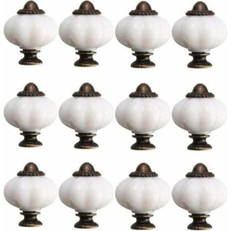 Lot de 12 boutons de porte de meuble vintage de 30 mm en céramique blanche, avec 12 vis, pour tiroir de meuble. (1/4)