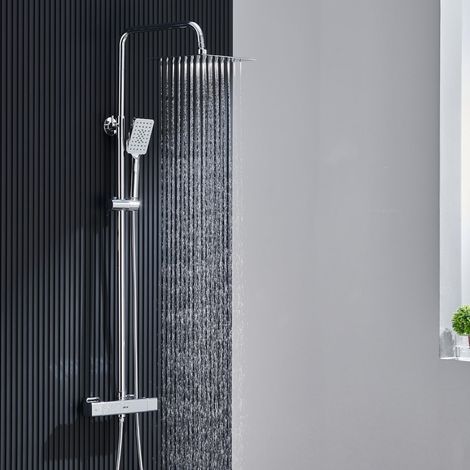 Thermostatic Shower Column, Shower Set with Thermostatic Mixer Tap, Bathroom Shower Faucet, Adjustable Height, Square Shower Head 25 x 25 cm, 3 Jets, Chrome (1/5)