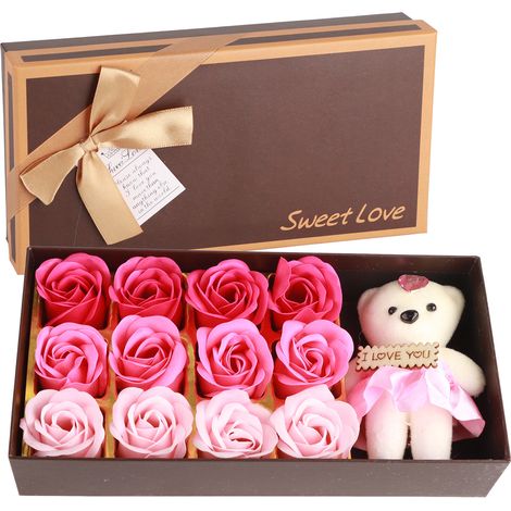 12 Roses en Savon Ours en Peluche Cadeau Romantique Saint-Valentin Boîte Rose (1/5)