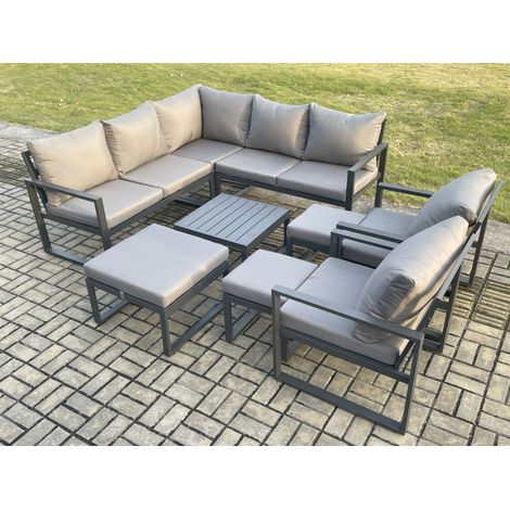 Fimous 10 Seater Outdoor Aluminium Garden Furniture Set Corner Lounge Sofa Set with Square Coffee Table 3 Footstools Dark Grey (1/5)