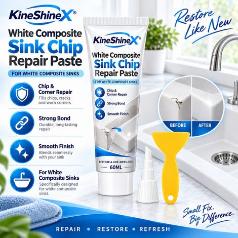 KineShineX Weiße Reparaturpaste für abgeplatzte Ecken von Verbundspülen, 60 ml, Füller für Eckenrisse in Spülenecken (1/4)