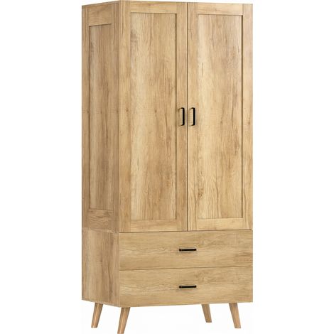 2 Door Wardrobe-Modern Wardrobe with 2 Drawer and Hanging Rail for Bedroom-Natural (1/5)