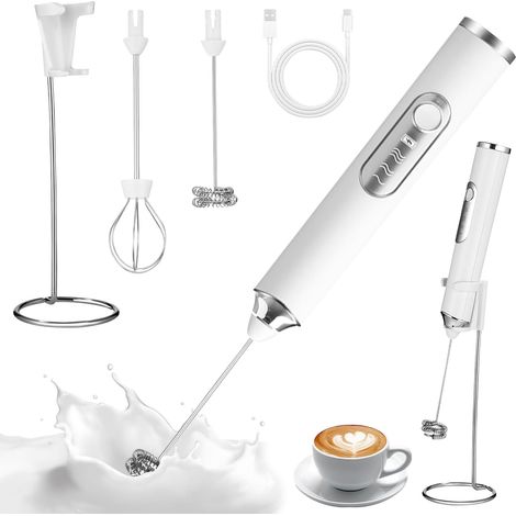 Mousseur à Lait Électrique Rechargeable Mousseur a Lait, 3 Vitesses avec 2 têtes Mini Fouet, Support en Acier Inoxydable, pour Cafés, Lattés(Blanc)