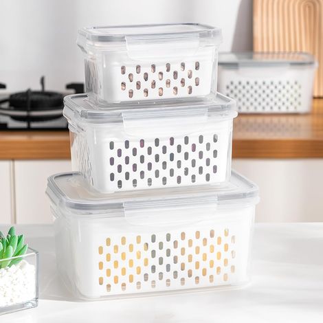 Caja de almacenamiento de 3 piezas, recipientes para almacenar alimentos en el refrigerador, frutas y verduras con tapas y bandeja de drenaje, organizador doble para refrigerador (gris) (1/5)