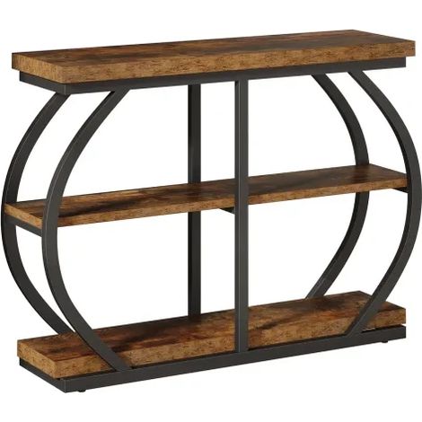 Table console 3 niveaux étroite 105 cm en bois et métal, meuble d'entrée style industriel avec grand rangement, table de canapé ou meuble TV marron  CHICFURN (1/5)