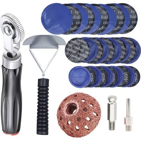 Kit de réparation de pneus 30+3, outil de réparation de pneus de voiture, disque de polissage/grattoir de revêtement intérieur/30 rustines de roue (32/45/55 mm) (1/4)