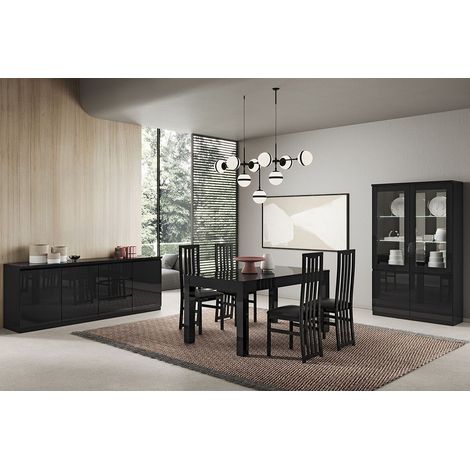 DEYTON - Ensemble Séjour Complet Laqué Noir Table 160cm + Buffet + Vitrine avec Leds (1/5)