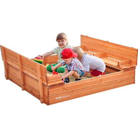 VEVOR Wooden Sandbox, 52.4 x 47.2 x 16.9 in Sand Box, Sand Pit with Foldable Bench Seats and Bottom Liner, Natural Wood Kids Sandbox for Outdoor Backyard, Beach, Park, Gift for Boys Girls Ages 3-12