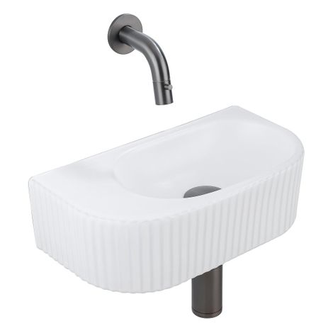 QeramiQ Fuente Ensemble de Lavabo - 40x21.5x12cm - strié - demi-rond - céramique - ensemble de robinet gunmetal - bouchon de vidange - siphon abaissé (1/5)