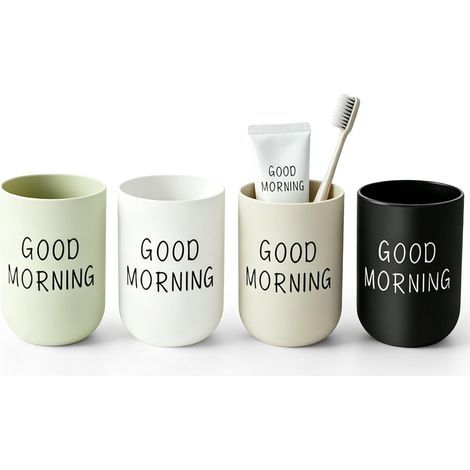 Set di 4 bicchieri di plastica riutilizzabili per spazzolini da denti da bagno - per coppie e adulti (bianco, nero, verde, kaki) (1/5)