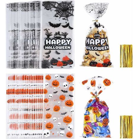 100 Stück Halloween-Zellophan-Süßigkeitentüten, durchsichtige Geschenktüten mit 100 Drehverschlüssen für Halloween-Partys