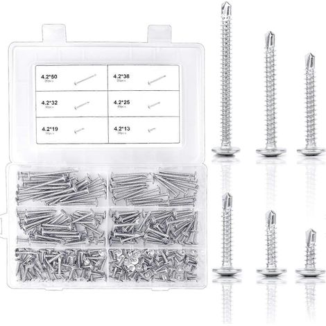 Kit de 210 vis autotaraudeuses à tête Phillips pour bois, à tête cylindrique, autoperceuses et autotaraudeuses M4.2 x 50 mm / 38 mm / 32 mm / 25 mm / 19 mm / 13 mm pour bois (1/5)