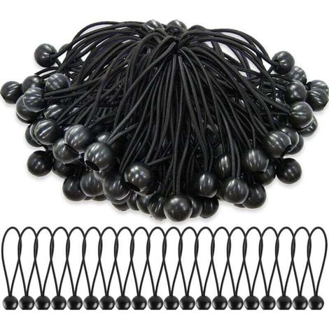 75 tendeurs élastiques avec boules - Attaches élastiques pour bâches, chapiteaux, bannières, mâts de drapeau, bâche de camping - Noir