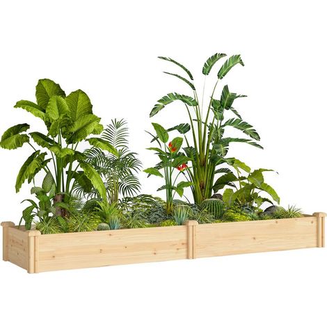 Bac A Fleurs Surélevé - Bois Naturel - Fond Ouvert - Séparateur Central - 235 x 66 x 26 cm - Pour Jardin Extérieur (1/5)