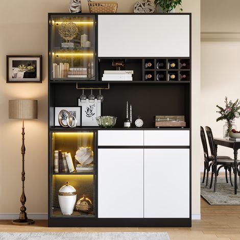 Meuble de rangement haut avec éclairage LED, vitrine et buffet, armoire à portes et tiroirs, meuble de salon design pour cuisine, salle à manger et bureau (1/5)