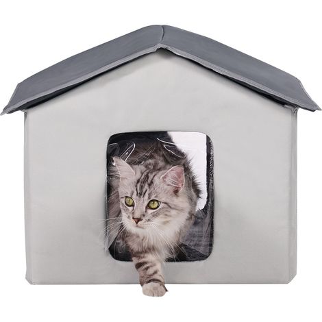 Maison chauffante pour chat, abri extérieur avec minuterie, tissu Oxford 600D pliable, tapis chauffant inclus, hiver chaud et cosy, gris (taille M). (1/5)