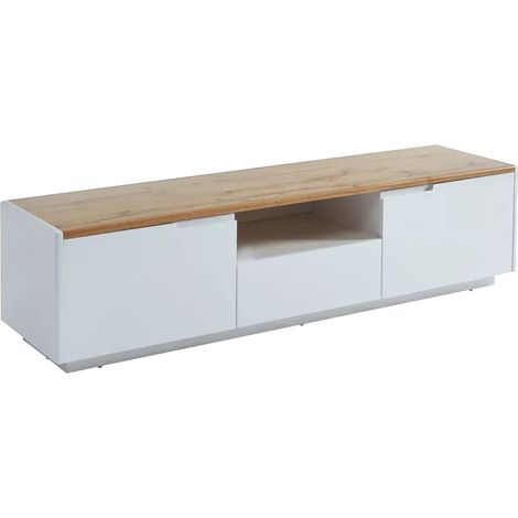 Vente-Unique – Meuble TV AMANI – 2 portes battantes – 1 tiroir coulissant – MDF laqué blanc et chêne – Dimensions 160x40x40 cm (1/4)