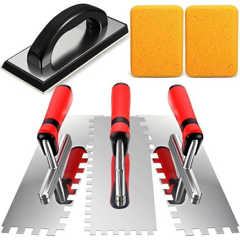Kit de 6 outils pour la pose de carrelage mural et au sol : truelle carrée, 1 taloche en caoutchouc et 2 éponges à joint. (1/5)