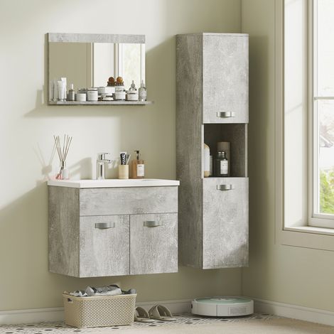 Ensemble de Meubles de Salle de Bain 4 Pièces. Mural. avec Miroir. Meuble sous Vasque. Lavabo et Armoire Haute. gris