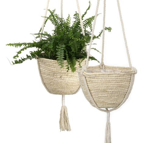 Panier suspendu en jacinthe d'eau naturelle, support à plantes double couche, décoration jardin extérieur, pot à fleurs tressé (1/5)