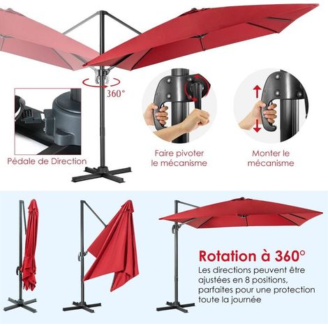 3x3 m Parasol Déporté Carré Protection Solaire Inclinable 3 Niveaux et Rotatif 360° pour Terrasse et Jardin Bordeaux (1/5)