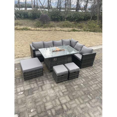 Fimous Rattan Corner Sofa Set Gas Firepit Dining Table Set Patio Heater Burner With Big Footstool Dark Grey Mixed 9 Seater (1/5)