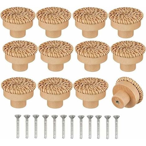 Set of 12 Bohemian Style Rattan Dresser Knobs - Handmade - Screws Included - Suitable for Wooden Furniture, Drawers, Cabinets - INHHUB (1/5)