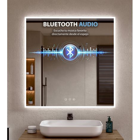 BELLOBATH - Espejo Baño con Luz Led Perimetral, Luz Ajustable en 3 Colores e Intensidad, Antivaho y Bluetooth Waterproof IP65, Marco de aluminio Blanco - 70cm alto x 60cm ancho (1/5)