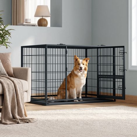Cage pour Chien XXL Solide, Parc pour Chien avec Double Porte et Plateau, 107 x 70 x 76,6 cm, Noir