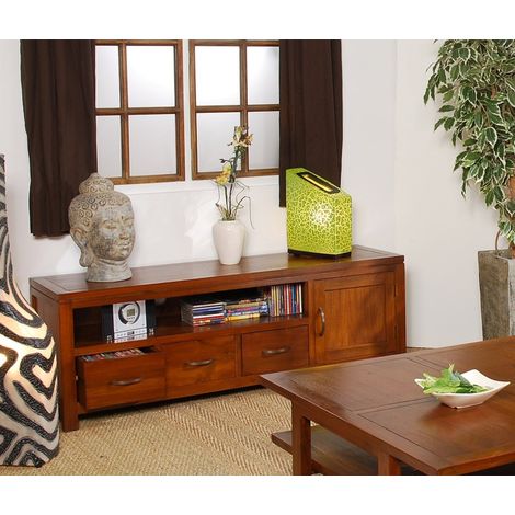 Macabane – Meuble TV bas 3 tiroirs en bois Mindi – Dimensions 140 x 40 x 50 cm – Finition vernis gomme laque – Style contemporain et ethnique (1/3)