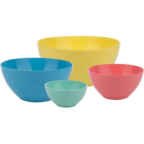 Set mit 4 farbenfrohen Plastikschüsseln, praktische Größen: 500 ml, 1,3 l, 3 l, 5,2 l