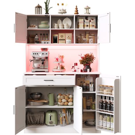 Credenza da Cucina 110x38x180 cm, Mobile da Cucina, con Luci LED e Presa per Elettrodomestici, 5 Ante e 1 Cassetto, MDF, Bianco (1/5)