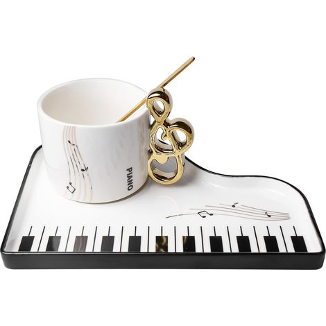 JeiibrZui Keramik-Kaffeetasse mit Untertasse und Löffel – 200 ml – 1-teiliges Set – Geschenk für Musikliebhaber – Weiß (1/5)
