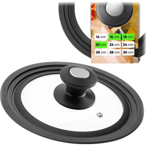 Coperchio per pentola in vetro temperato, misure da 16 a 20 cm, resistente al calore, con sfiato vapore e bordo elastico. (1/5)