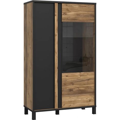 Vitrine 159 cm 2 portes décor bois et noir et pieds noir - CELIA (1/5)