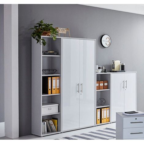 BMG Möbel abschließbare Regalwand/Schrankwand, Office Edition Set 4, grau/ weiß matt