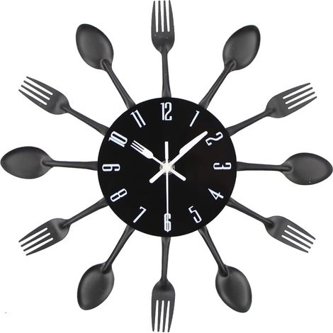 Horloge murale de cuisine, 3D amovible, moderne et créatif, couverts de cuisine, cuillère, fourchette, horloge murale, miroir, autocollant mural, décoration de la maison (noir)