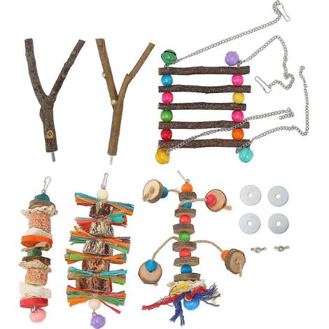 Lot de 6 jouets à mâcher pour perroquets : bûches, feuilles de maïs, épis de maïs et noix, colorés et amusants, pour cage. (1/3)