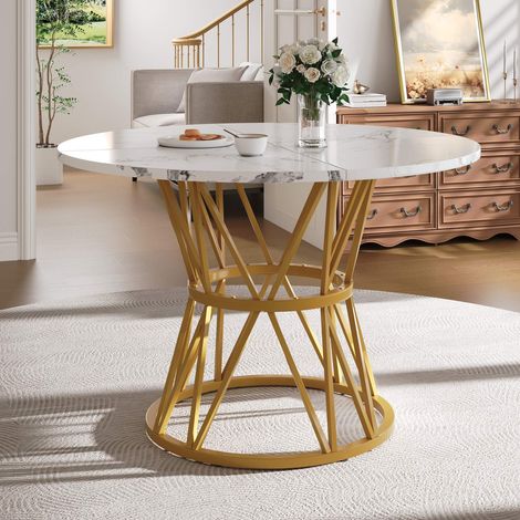 Table à manger ronde 100 cm effet marbre MDF, pieds métal doré, table cuisine salon 4 personnes, design moderne (1/5)