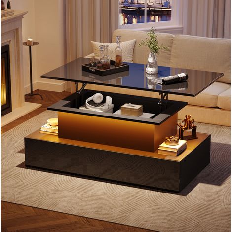 Table basse LED 90x55x41 cm noire en panneaux de particules avec rangements et plateau coulissant (1/5)