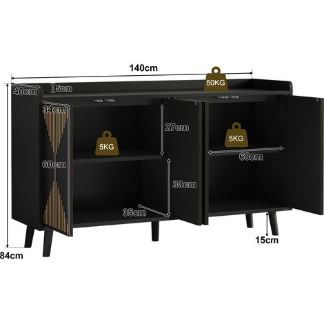 Buffet de cuisine 4 portes, meuble de rangement avec étagères ajustables, armoire pour salle à manger et séjour, dimensions 140x40x84 cm (1/5)