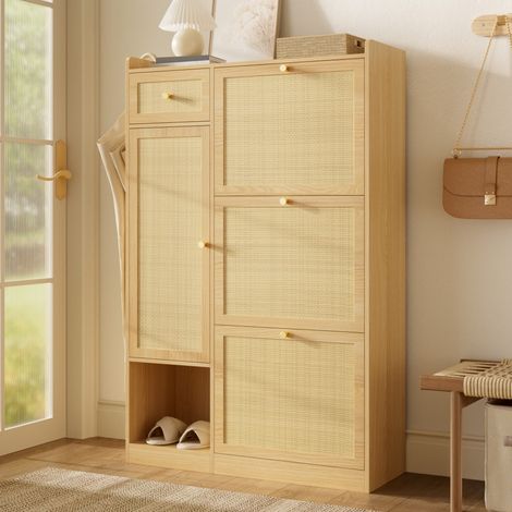 Meuble à Chaussures 80.5x25x125cm - Armoire en Rotin 3 Abattants 1 Porte 1 Tiroir Rangement Entrée - Naturel (1/5)