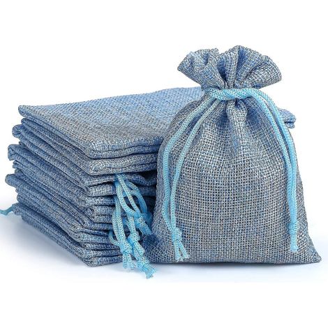 Set mit 20 Geschenktüten aus Leinen und Jute, Jutebeuteln mit Kordelzug, Schmuckbeuteln, Gastgeschenktüten – Hellblau