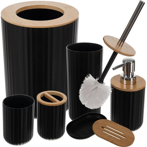 Set of 6 Bathroom Accessories with Bamboo Soap Dispenser, Tumbler, Toothbrush Holder, Soap Dish, Bathroom Bin, Toilet Brush (Black) (1/5)