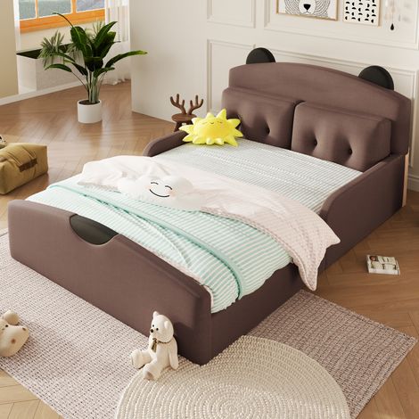 Cama con plataforma 210x146x87 cm, cabecero acolchado con diseño de oso, con 2 cojines, lino, café (1/5)